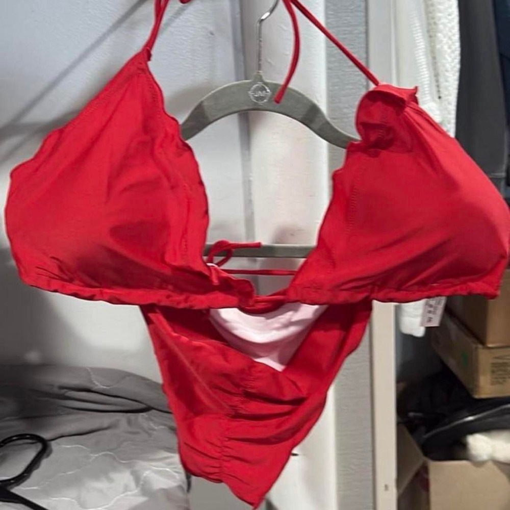 Red bikini set with white trim